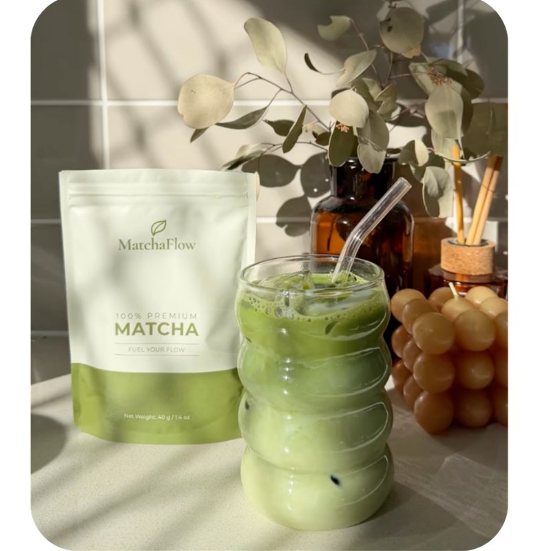 MatchaFlow matcha pouch and iced matcha latte