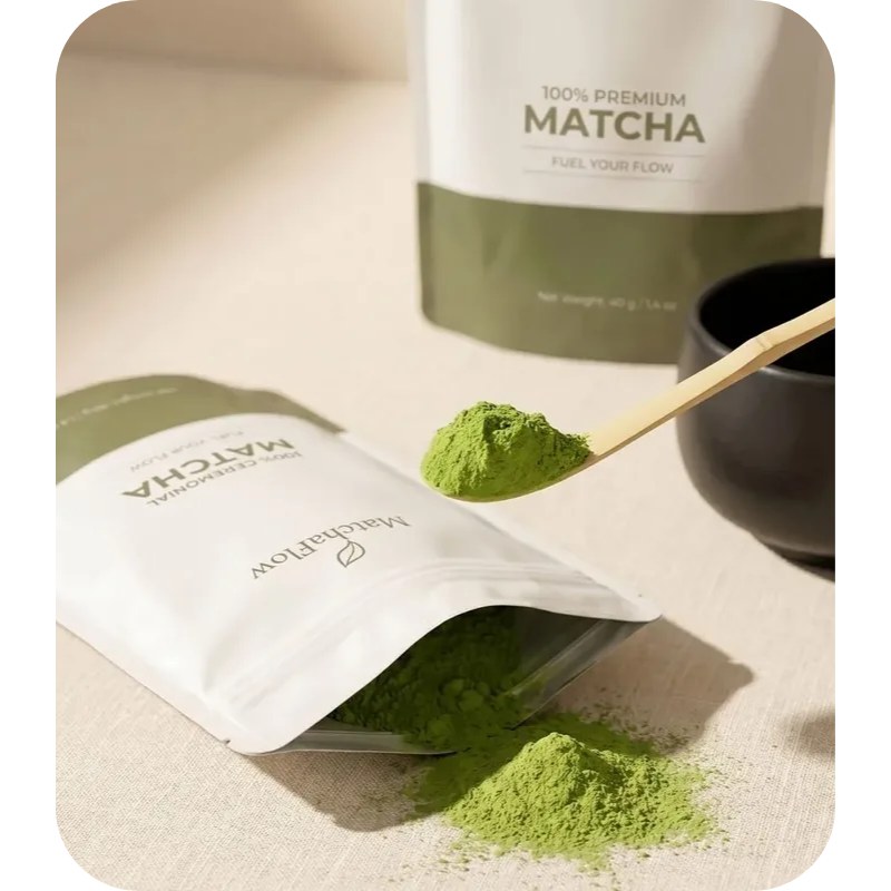 MatchaFlow certified organic ceremonial matcha with scoop and bowl