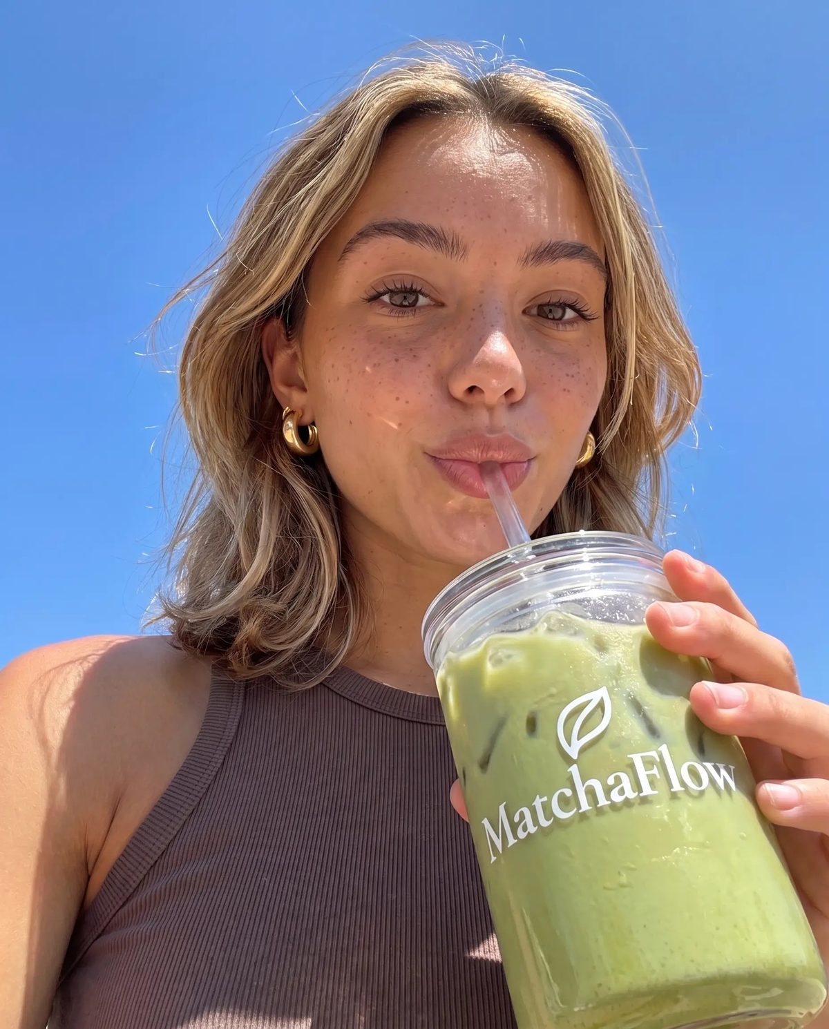 Woman sipping an iced MatchaFlow matcha latte in the sun