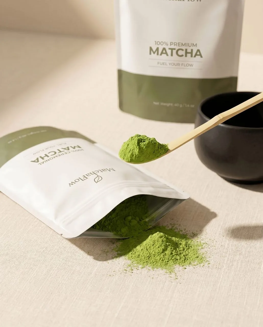 MatchaFlow certified organic ceremonial matcha with bamboo scoop and bowl